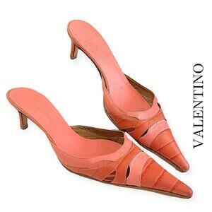 Valentino Embossed Leather Kitten Heels Mule Slides Pink Rose Size 37.5 / US 7.5
